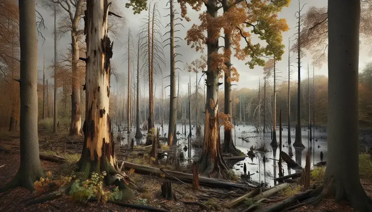 Bosque con árboles dañados, hojas marrones y amarillas caídas, corteza descolorida y manchas oscuras, reflejados en un lago gris bajo un cielo nublado.