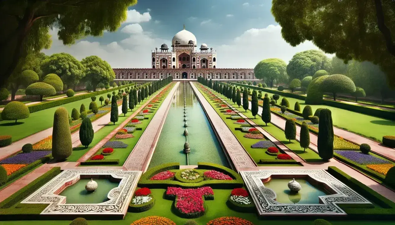 Panoramic Mughal garden with symmetrical water channel, vibrant flower beds, ornamental trees, and a grand red sandstone architectural structure.