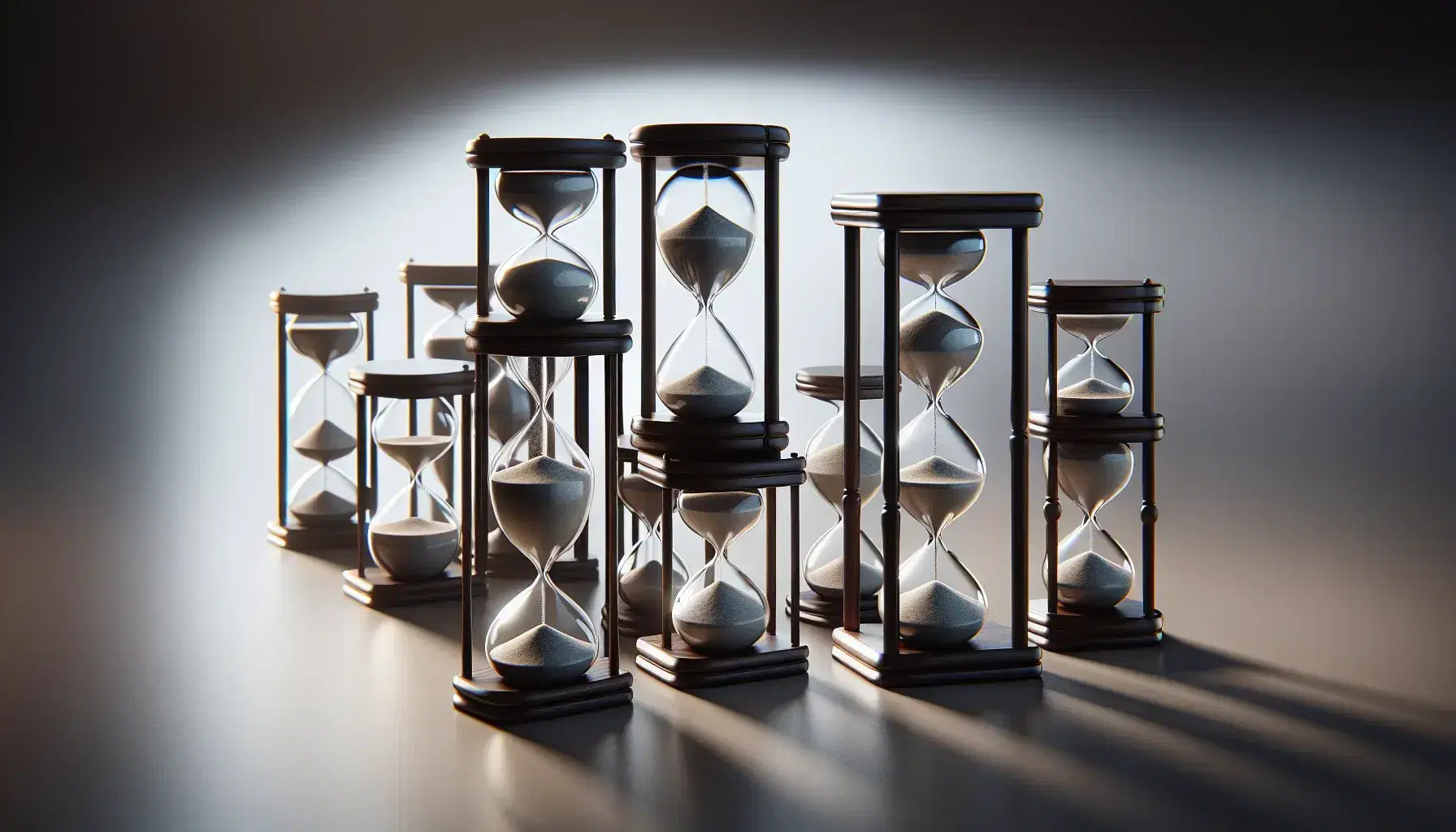 Colección de relojes de arena de madera con arena en distintas etapas de caída, dispuestos en diagonal ascendente sobre superficie lisa.