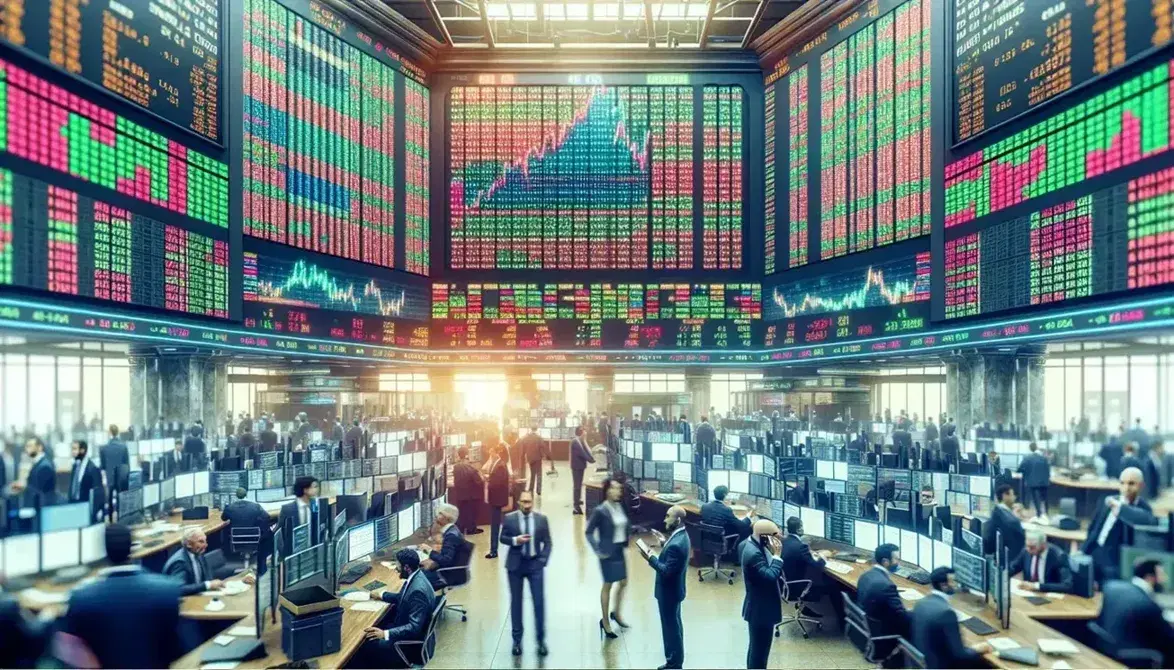 Busy stock exchange floor with traders gesturing and discussing, a central digital ticker displaying stocks, and desks with computers and charts.