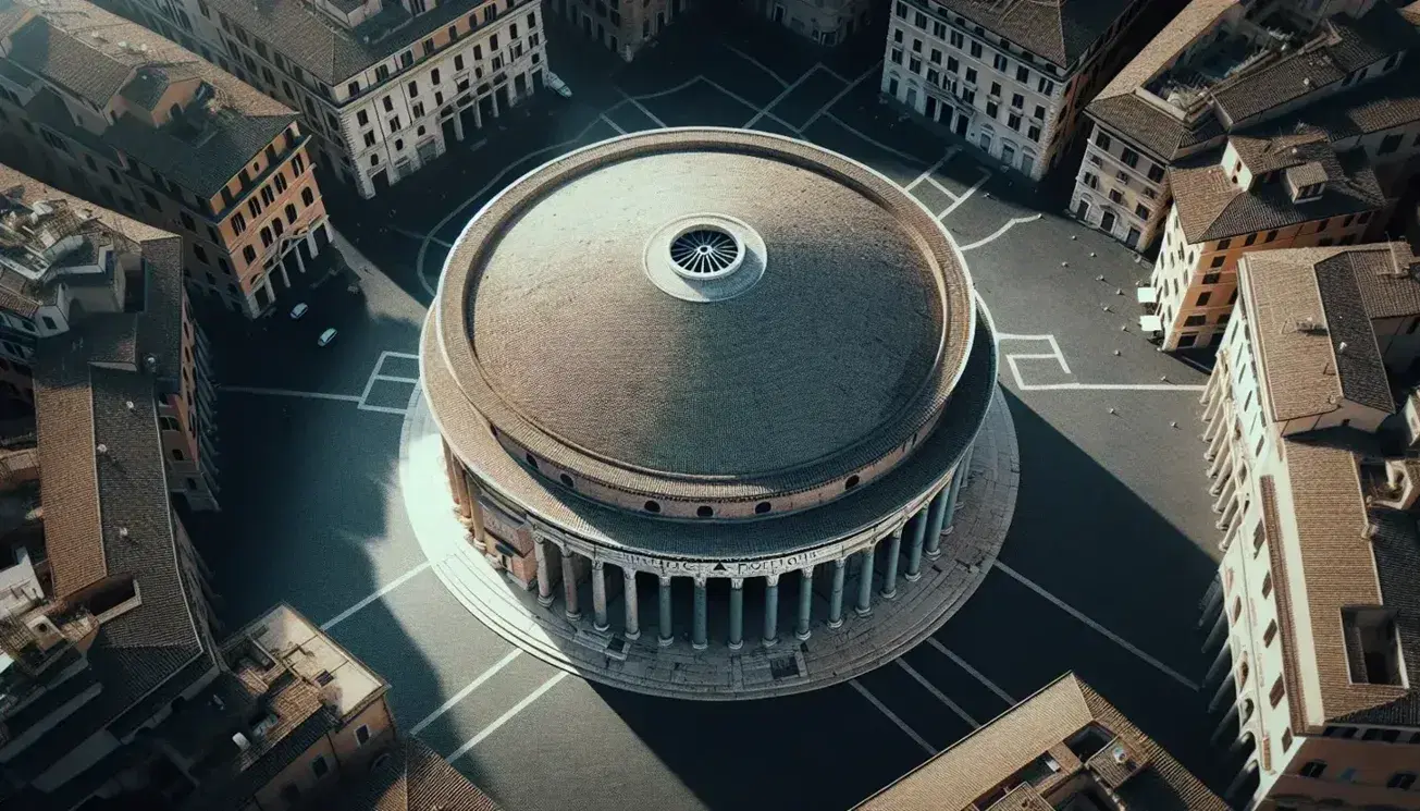 Vista aérea del Panteón de Roma con su cúpula y óculo central, rodeado por columnas y plaza adoquinada, resaltando su simetría y texturas antiguas.