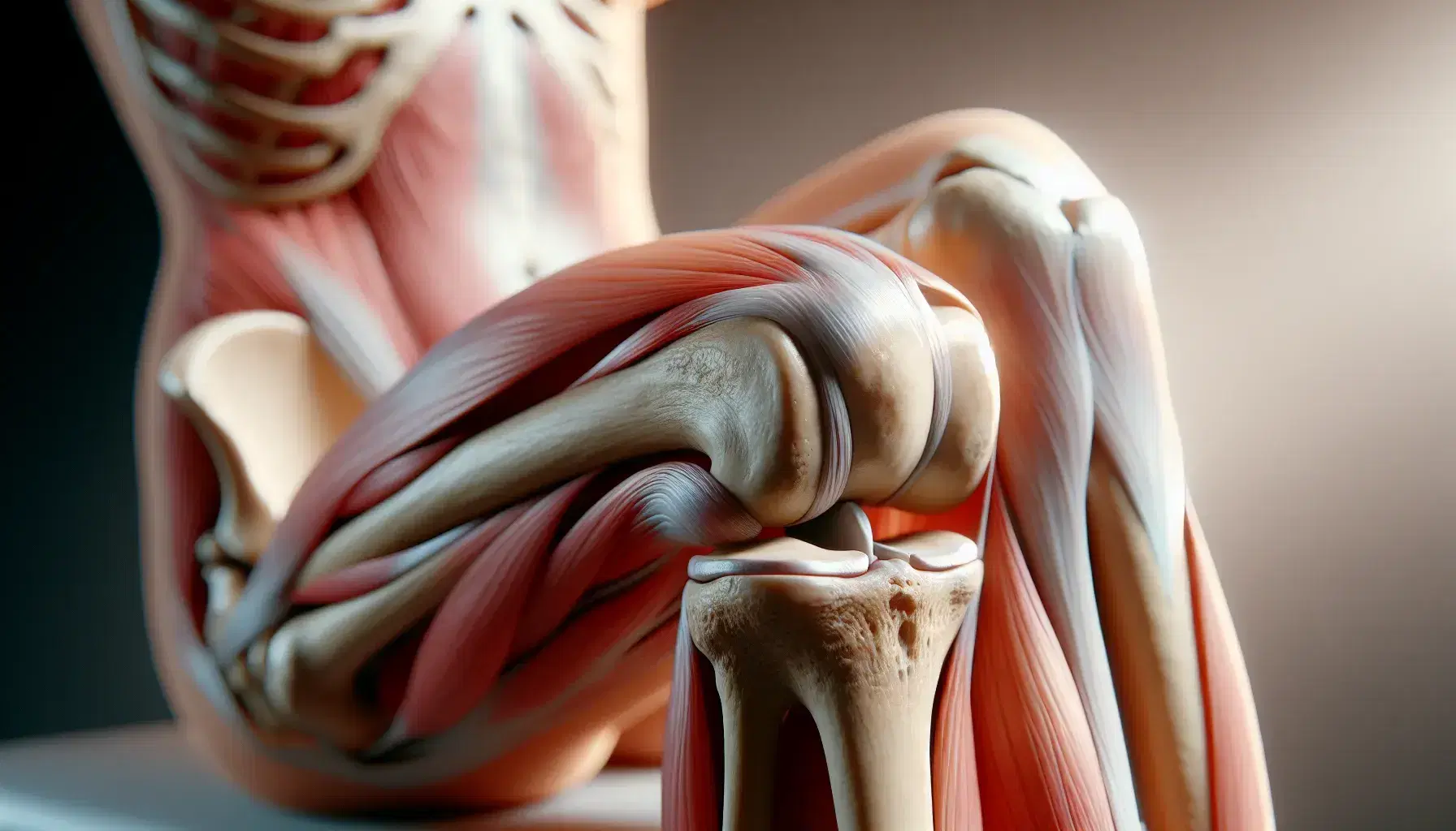 Vista lateral de una rodilla humana con articulación tibiofemoral expuesta, mostrando fémur, tibia, fibula, ligamentos y músculos sin piel.