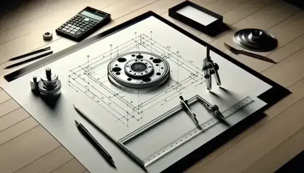 Tavolo da disegno tecnico con foglio raffigurante proiezione ortogonale di flangia, strumenti di precisione e calcolatrice grafica sullo sfondo.