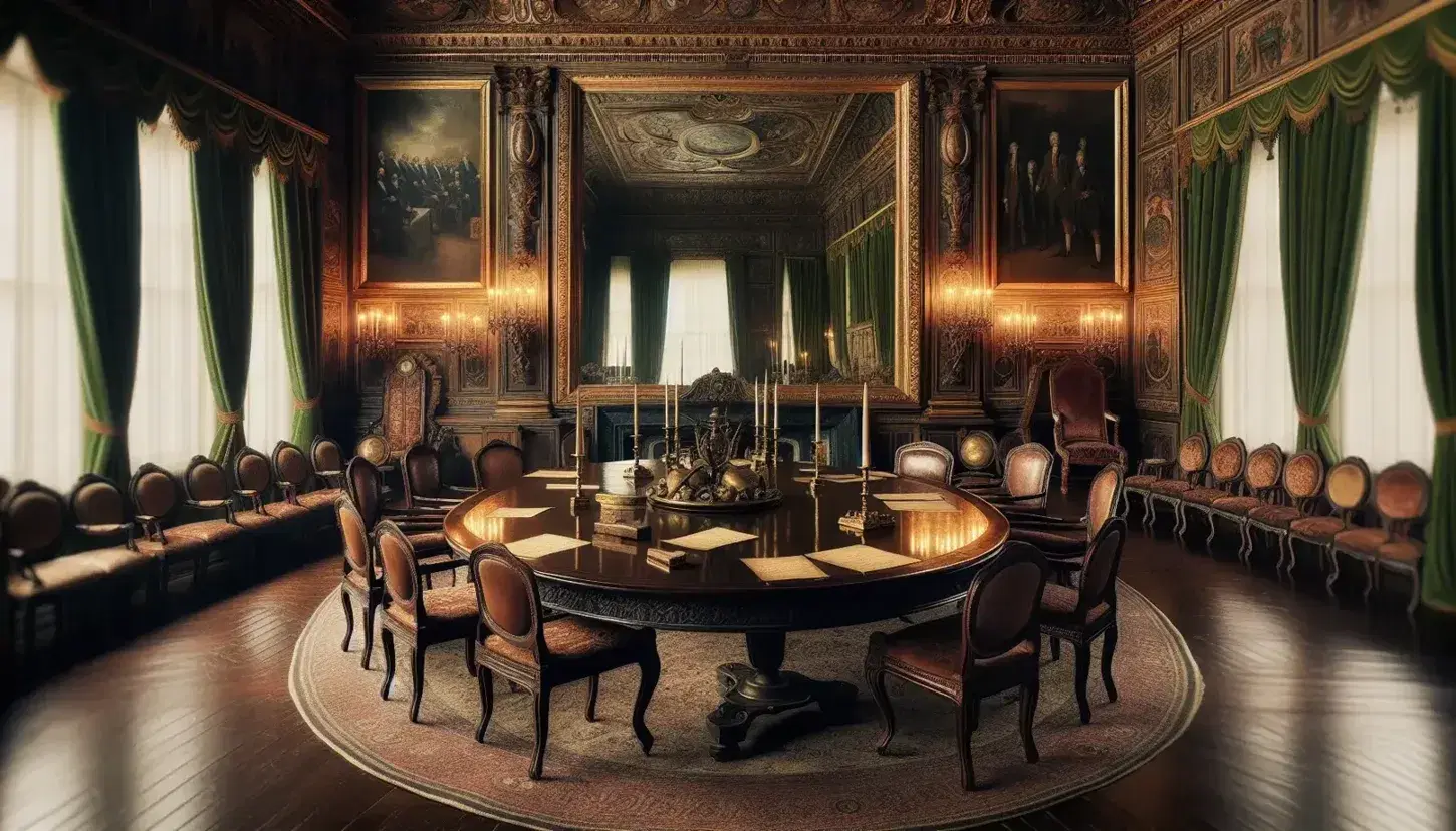 Sala storica neoclassica con tavolo ovale, sedie in velluto rosso, oggetti d'epoca su tavolo, specchio dorato e candelabri in bronzo.