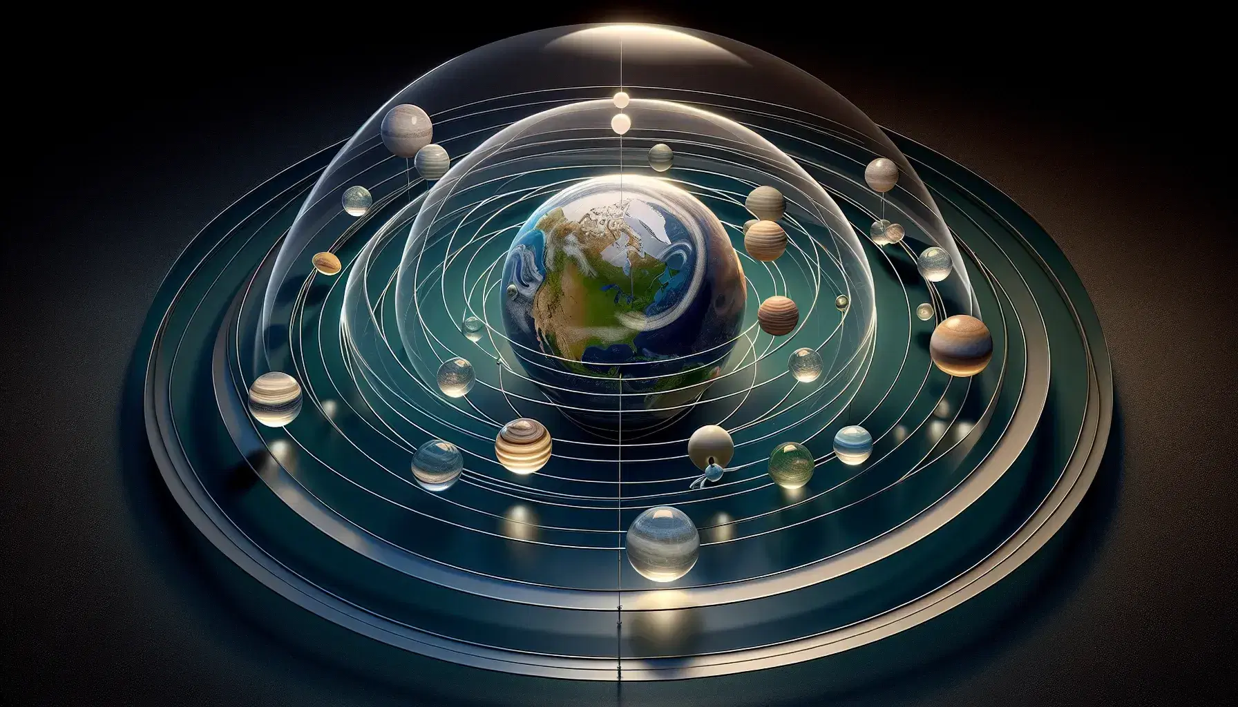 Modelo tridimensional del sistema geocéntrico con la Tierra en el centro y esferas translúcidas que representan las órbitas de la Luna, el Sol y planetas conocidos, sobre fondo negro.
