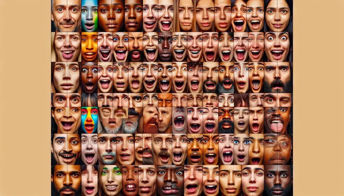 Collage multietnico di volti umani che esprimono emozioni come felicità, tristezza, rabbia, sorpresa, disgusto e paura, senza distrazioni di sfondo.