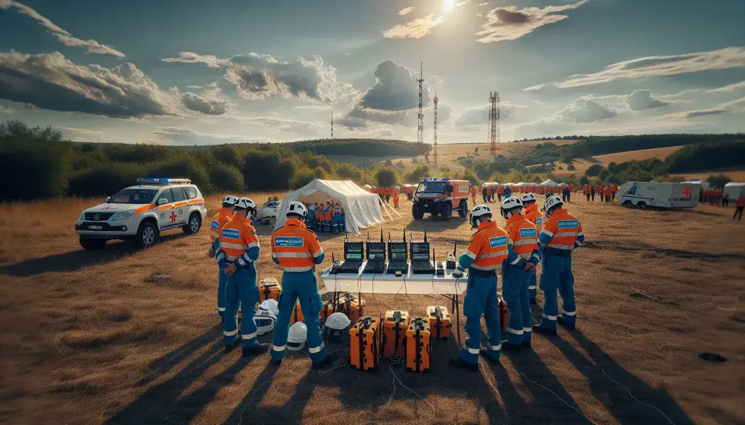 Grupo de personal de protección civil con uniformes naranja y azul en campo abierto, mesa con radios y cascos, tienda de mando y vehículo de emergencia rojo.