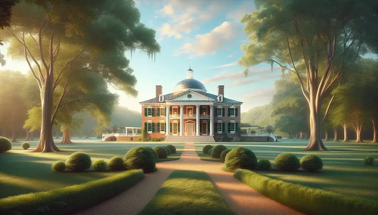 Historical neoclassical Virginia plantation mansion with white columns and dome, surrounded by lush trees and manicured lawns under a clear blue sky.