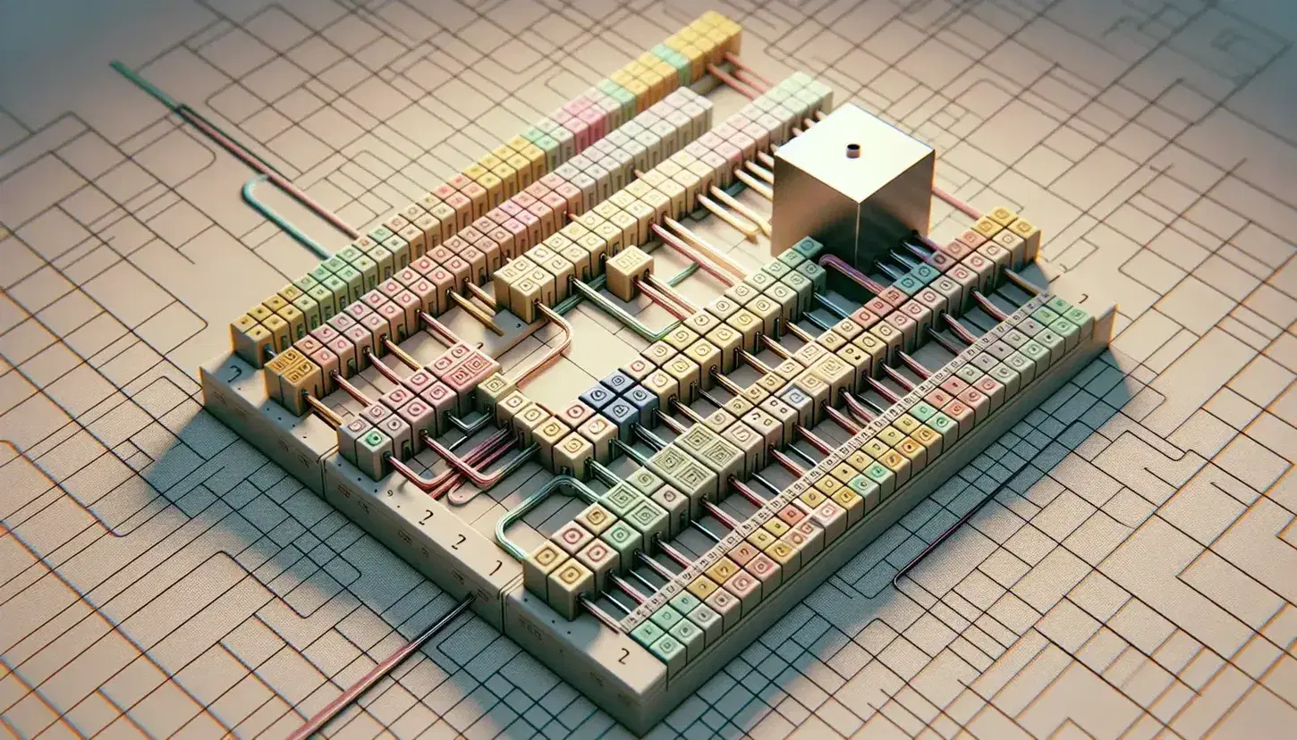 Theoretical Turing machine with infinite ribbon and central head on a gradient background, colored symbols on alternating squares without letters.