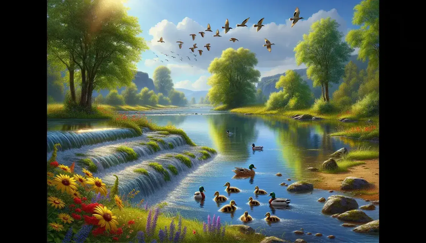 Fiume Timavo tranquillo con riflessi solari, anatre in primo piano, fiori selvatici colorati sulle rive e montagne sullo sfondo.
