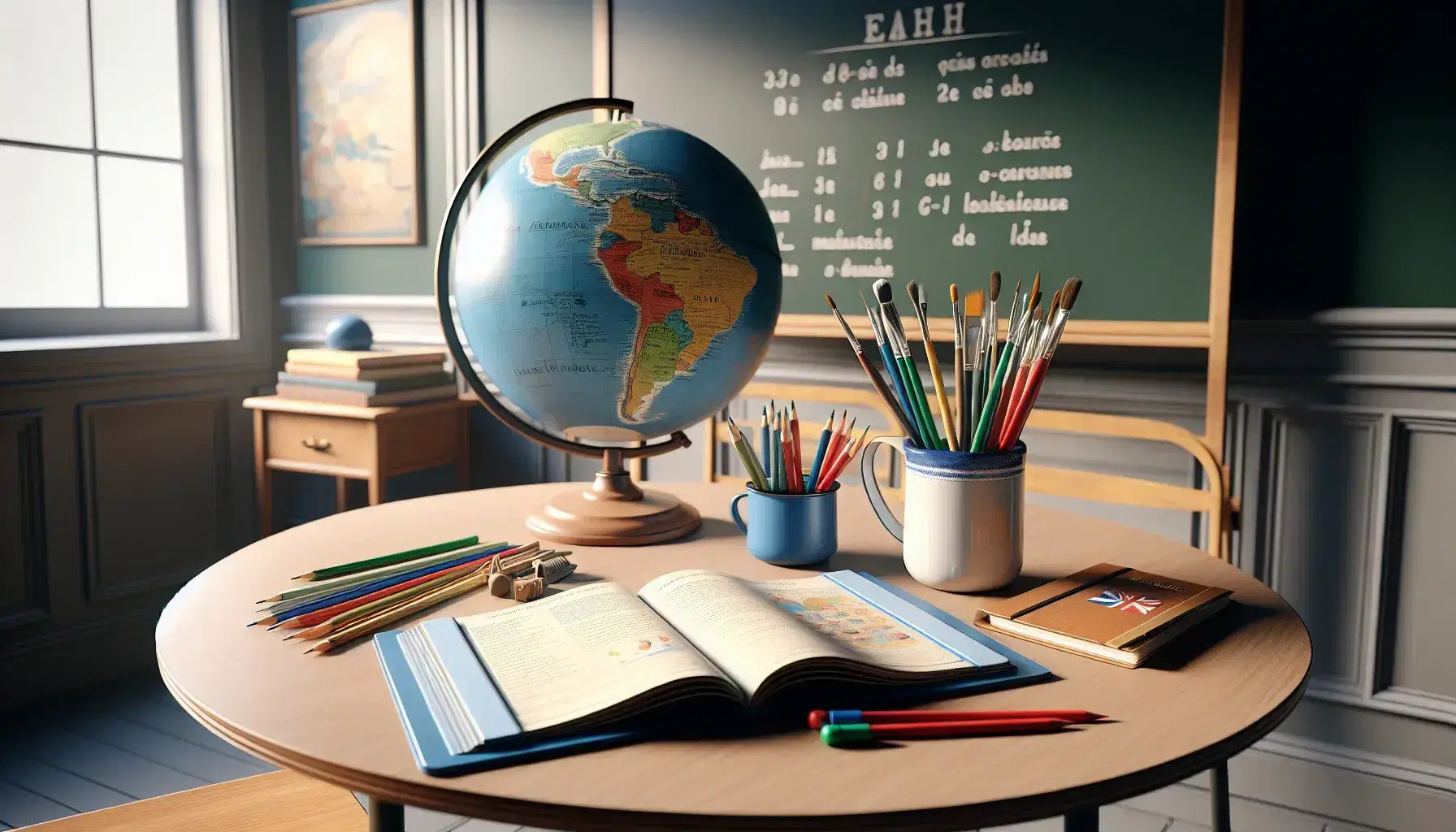 French language classroom with a round table holding textbooks and colored pencils, a clean chalkboard, a globe, and a window with a view of a tree and blue sky.