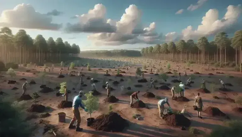 Reforestación en curso con voluntarios plantando árboles jóvenes en suelo marrón claro, bajo un cielo azul con nubes dispersas y un bosque maduro al fondo.