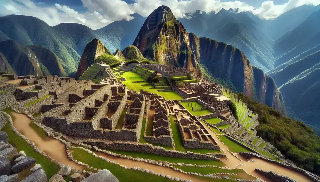 Vista panorámica de Machu Picchu con terrazas incas y ruinas de piedra en primer plano, montaña neblinosa al fondo y cielo azul claro.