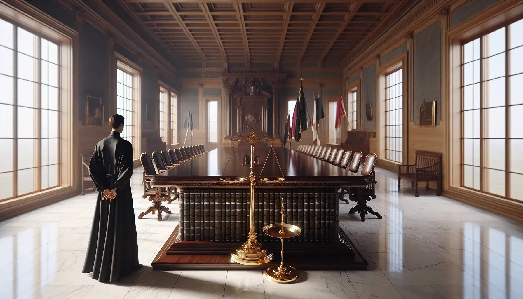 Sala de justicia con paredes y suelo de mármol claro, mesa de madera oscura, balanza metálica, silla con cojín rojo y figura en toga negra reflexiva.