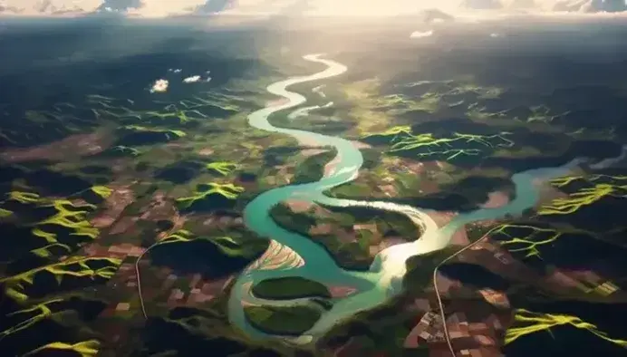 Vista aérea de un paisaje con río serpenteante, áreas verdes y campos agrícolas, conectados por carreteras delgadas y colinas al fondo.