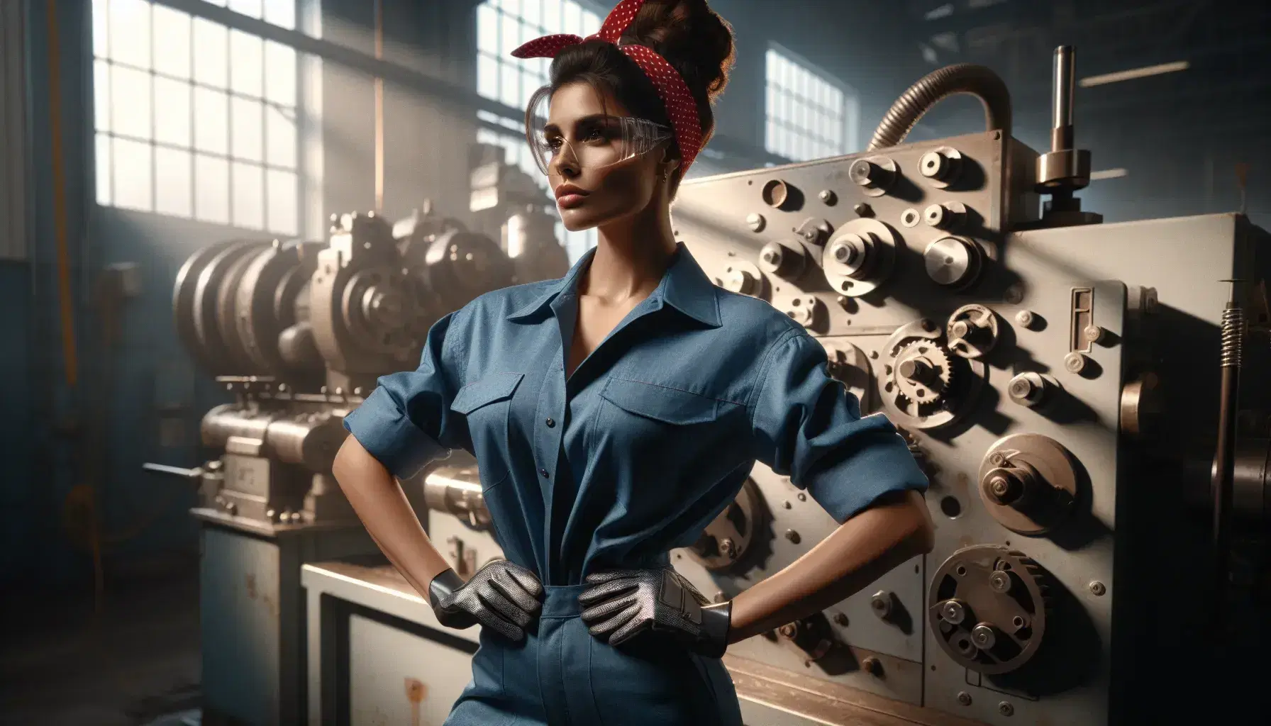Hispanic woman with rolled-up sleeves and bandana in factory, safety goggles on forehead, hands on hips, exuding confidence among machinery.