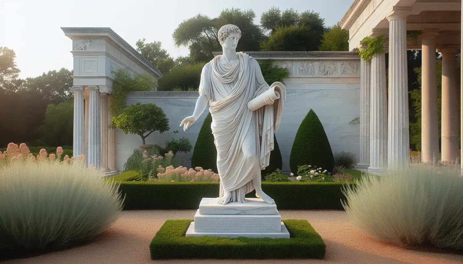 Estatua de mármol blanco de hombre con túnica sosteniendo un pergamino en jardín clásico con columnas de piedra y cielo despejado.