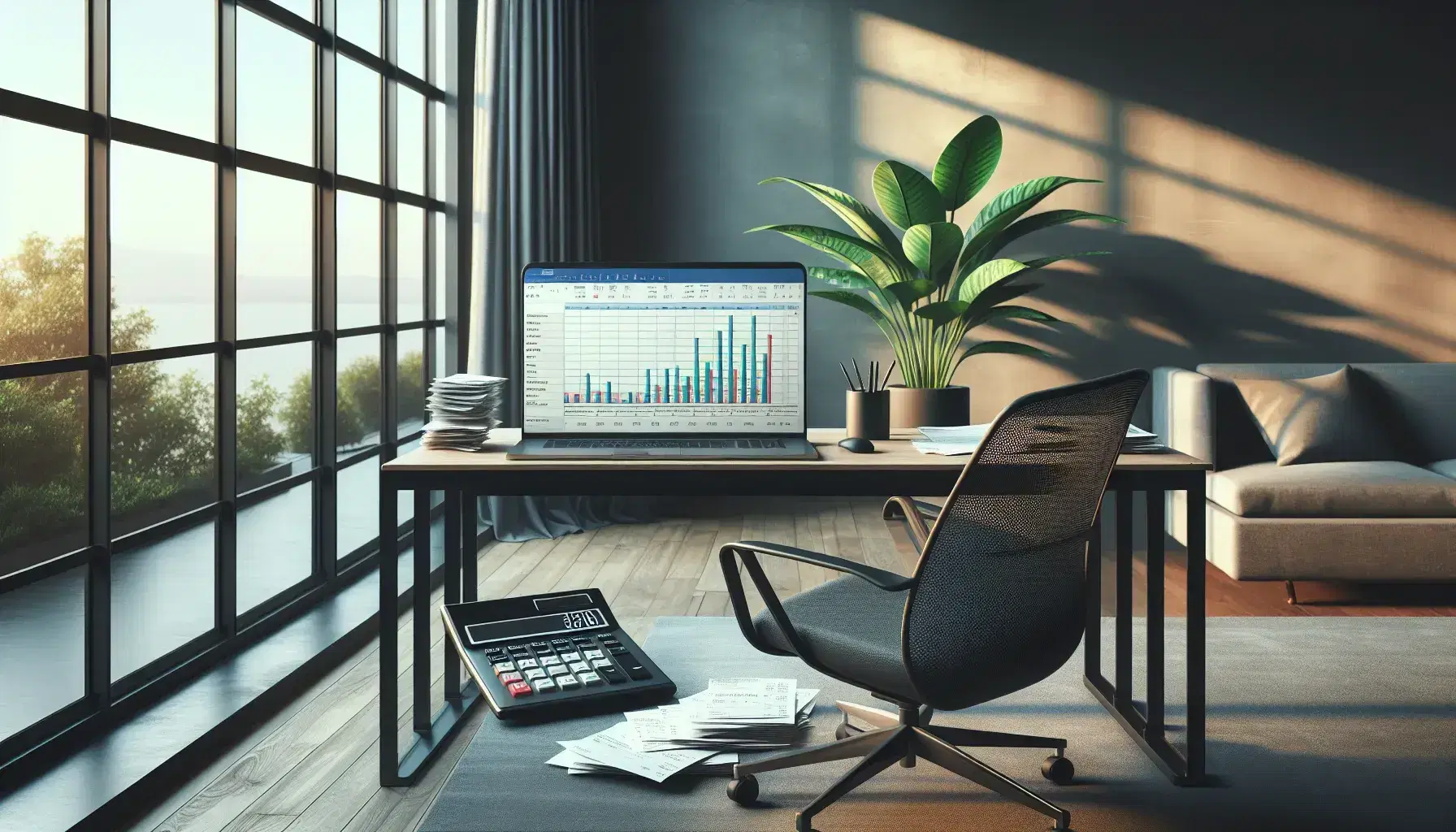 Oficina moderna y espaciosa con escritorio, calculadora grande, recibos ordenados, laptop con gráficos, planta interior y amplia ventana que ilumina la estancia.
