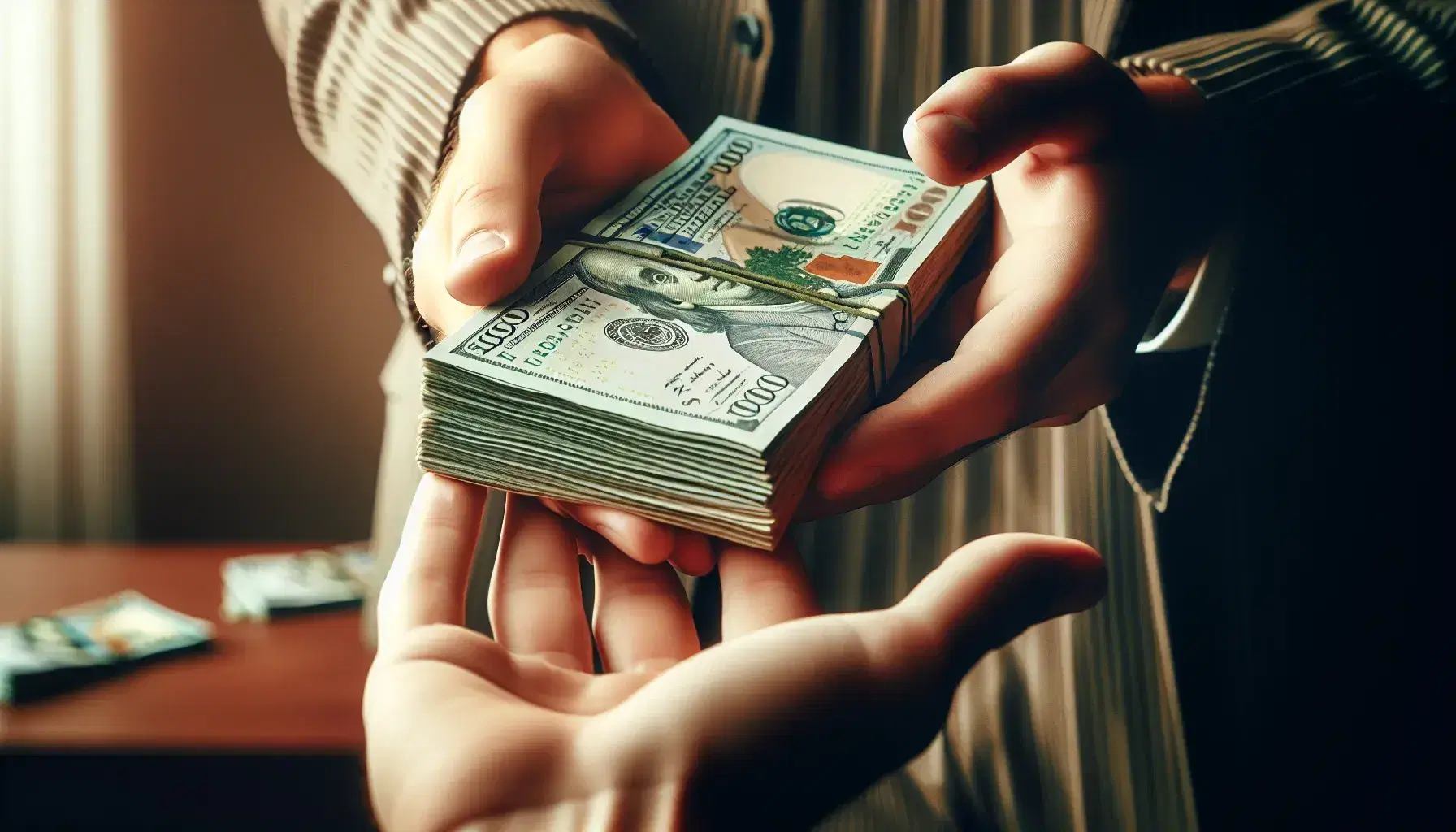 Close-up view of hands exchanging a stack of various denomination banknotes, with a crisp top note, in a softly lit indoor setting.