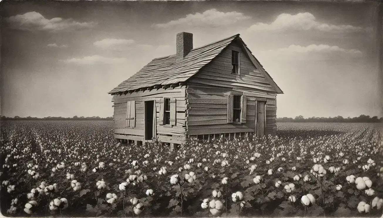 Weathered wooden sharecropper's cabin with a skewed brick chimney in a blooming cotton field, under a clear blue sky with a leaning wooden plow.