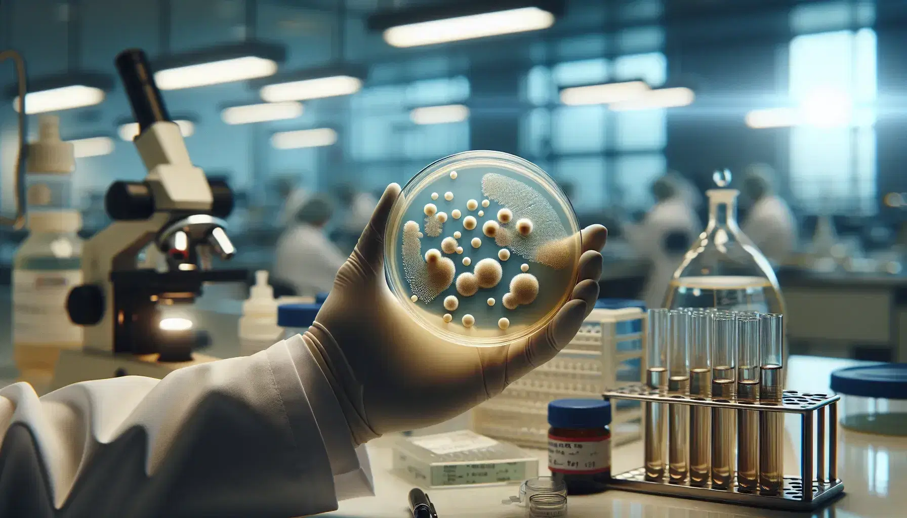 Gloved hands holding a petri dish with yeast colonies on agar, in a lab with blurred equipment like test tubes and a microscope in the background.