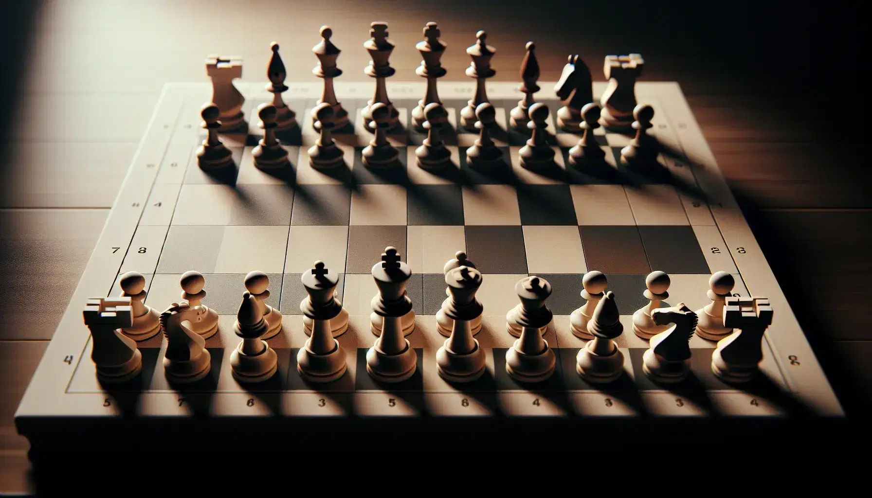 Tablero de ajedrez en medio de una partida con piezas blancas y negras, incluyendo peones, torres, caballos, alfiles, una reina y un rey, destacando la estrategia y habilidad en juego.