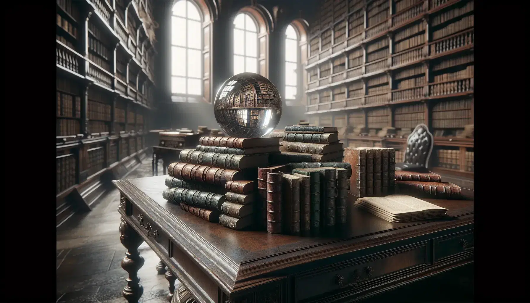 Biblioteca antica con scrivania in legno scuro, libri impilati colorati e sfera di vetro che riflette la luce da una finestra alta.