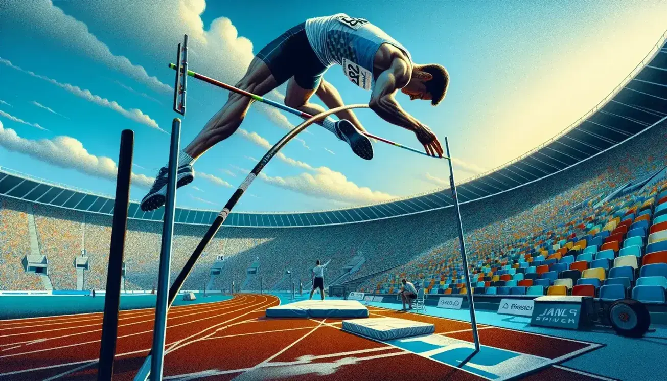 Atleta in divisa blu e bianca esegue salto con l'asta su sfondo cielo azzurro, asta piegata, sedili stadio colorati visibili.