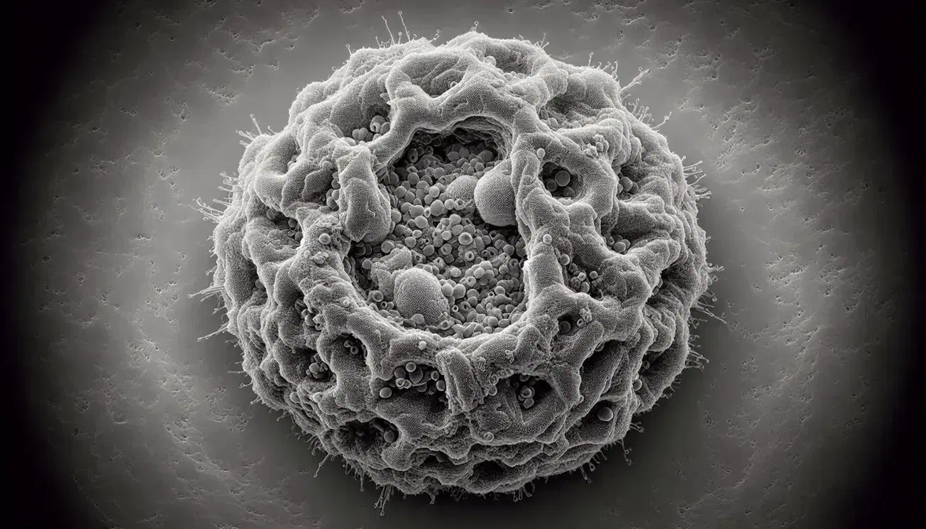Micrografía electrónica de alta resolución de un megacariocito humano mostrando su estructura interna compleja con extensiones y granulación celular.