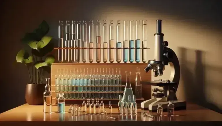 Provette in vetro con liquidi colorati su mensola in legno, accanto a vial e microscopio da laboratorio, con pianta sullo sfondo.