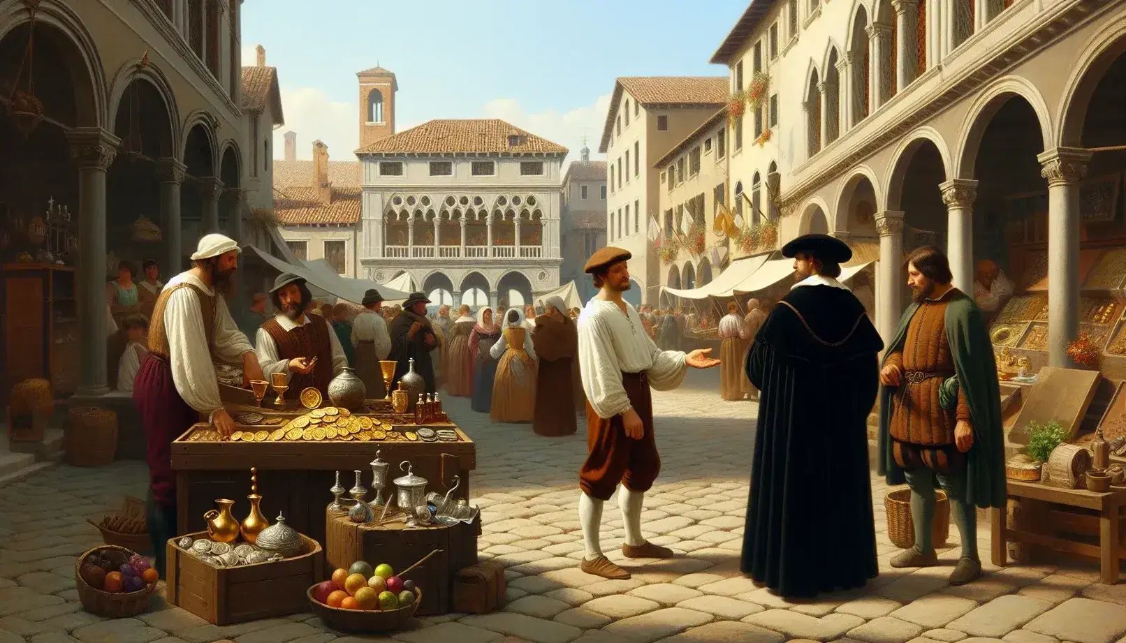 Venetian market scene from the 16th-17th century with merchants, a coin seller in a flat cap, a law officer in black, townspeople, and historical architecture.