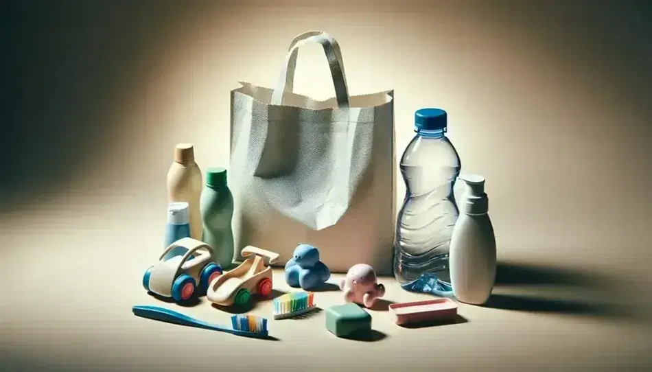 Colección de objetos cotidianos con botella de plástico transparente y tapa azul, bolsa de plástico arrugada, juguete infantil colorido, cepillo de dientes con cerdas multicolores y envase cosmético con tapa rosa, sobre fondo neutro.