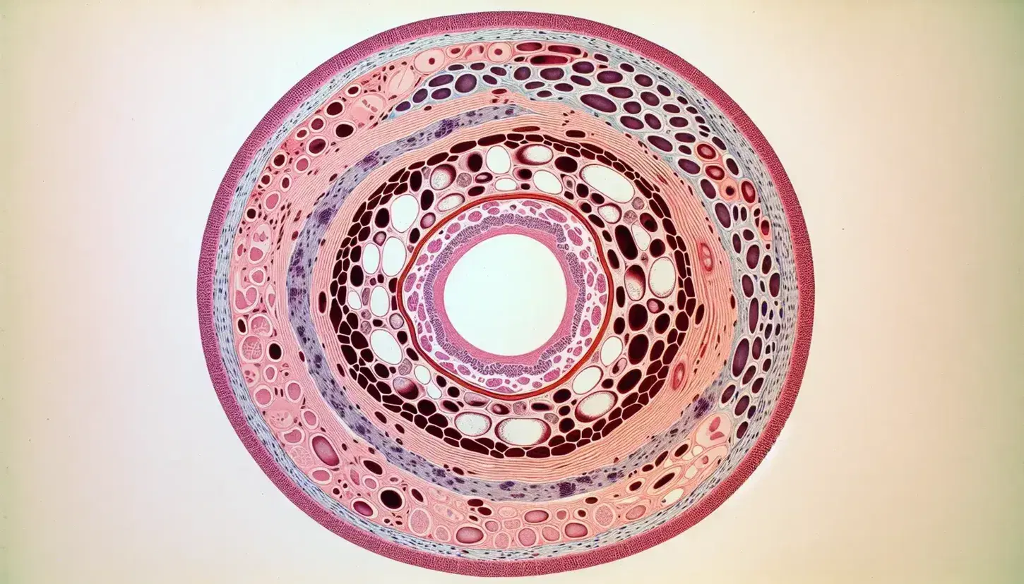 Vista microscópica de sección transversal de vaso sanguíneo humano mostrando el lumen, capa endotelial, membrana basal y tejido muscular liso.