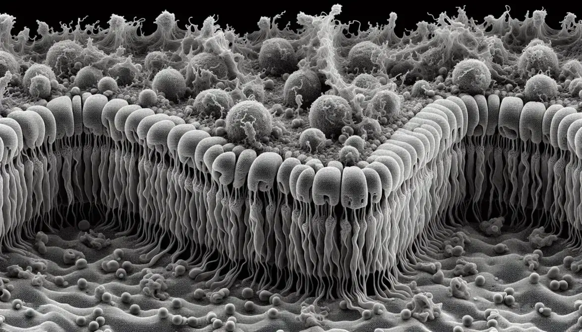 Vista microscópica de la membrana celular mostrando la bicapa lipídica, proteínas de membrana y la capa de glicocálix en detalle.