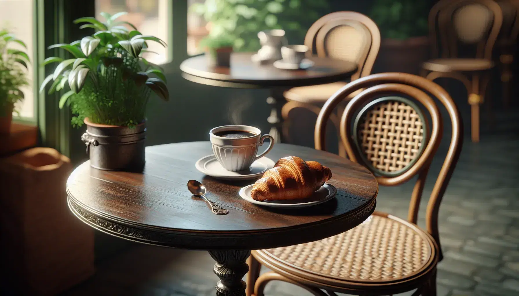 Close-up view of a French café scene with a coffee-filled porcelain cup, a flaky croissant on a ceramic plate, and rattan chairs by a bistro table.