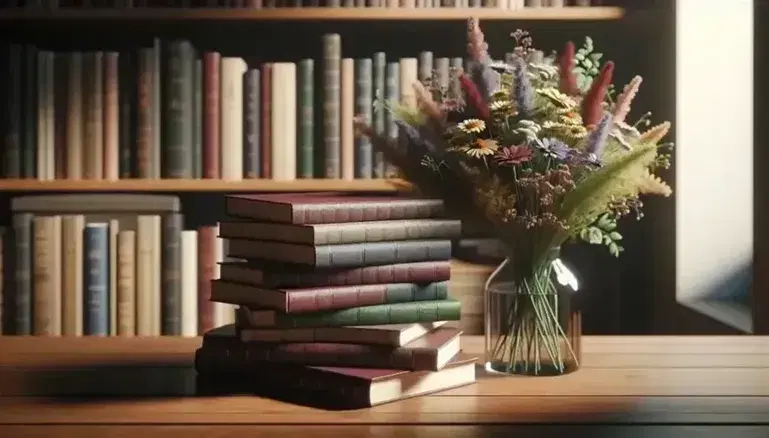 Stacked hardcover books in muted colors on a wooden table with a vase of wildflowers and a blurred bookshelf background.