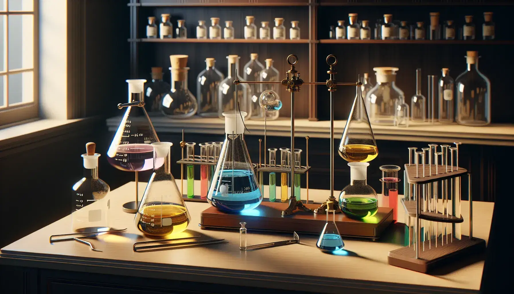 Laboratorio clásico con mesa de trabajo y frascos Erlenmeyer con líquidos azul, amarillo y rojo, tubo de ensayo verde y balanza dorada.