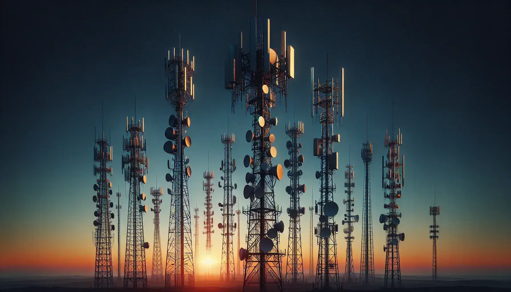 Torres de telecomunicaciones con antenas diversas al atardecer, cielo degradado de naranja a azul y cables en primer plano.