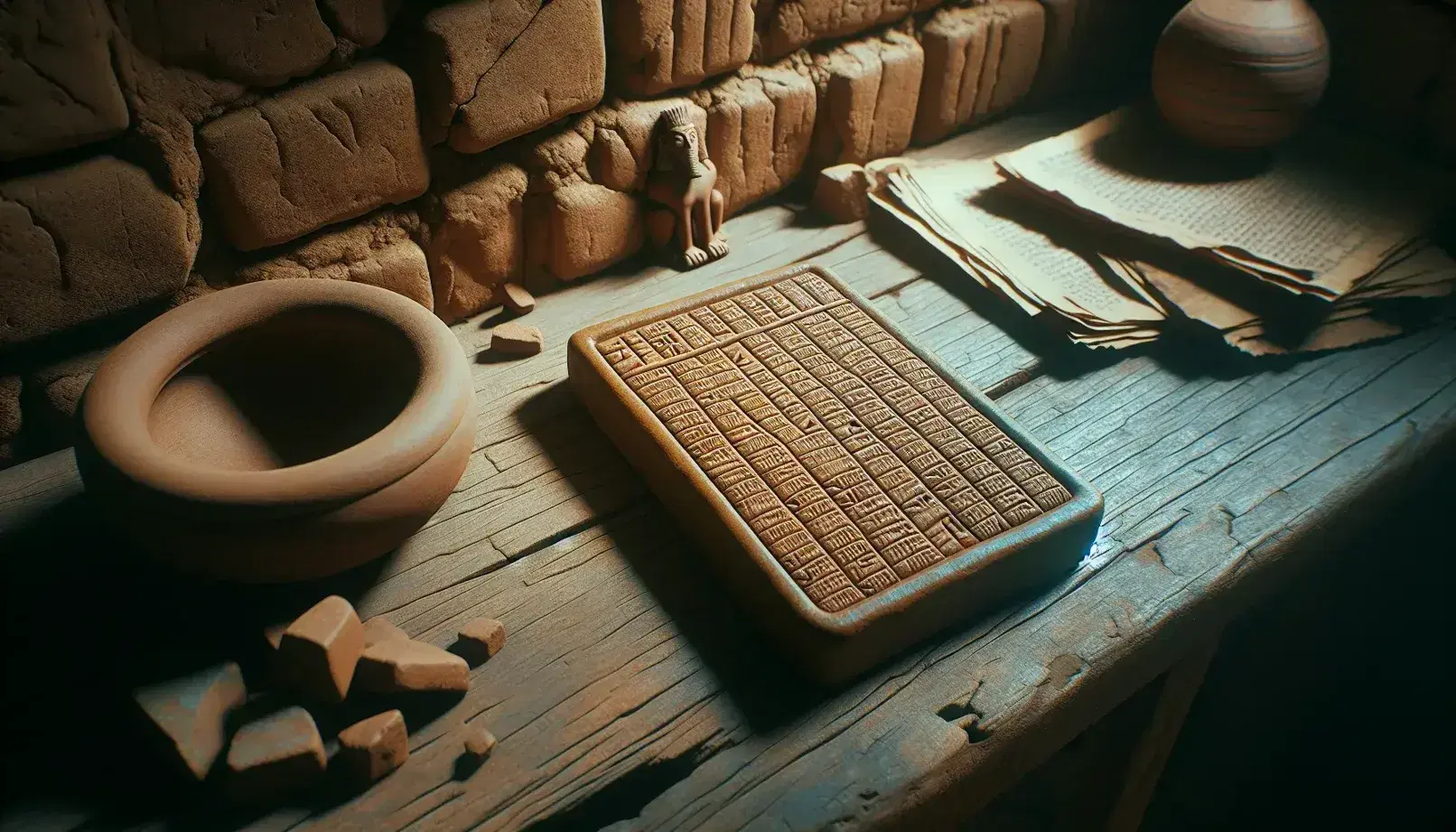 Tavoletta sumera in argilla con incisioni cuneiformi su tavolo antico, statuetta in bronzo e vaso terracotta sfocati sullo sfondo.