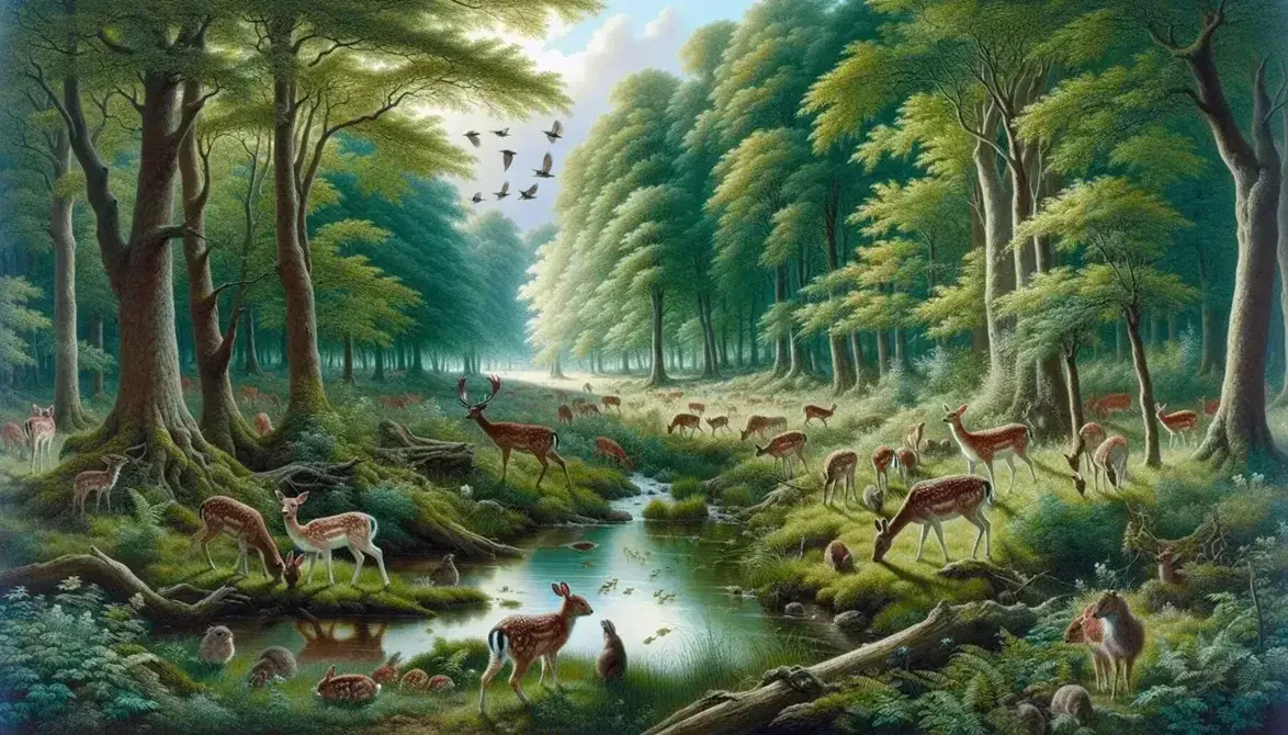 Lush forest clearing with grazing deer and fawns, diverse trees, a gentle stream, flying birds, and rabbits nibbling vegetation.