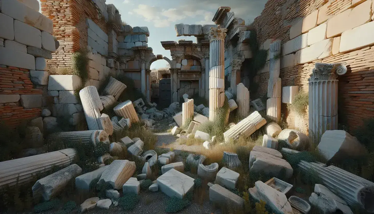Ruinas romanas semiabandonadas con columnas caídas y muros de ladrillo rojizo entre vegetación, bajo un cielo azul claro.