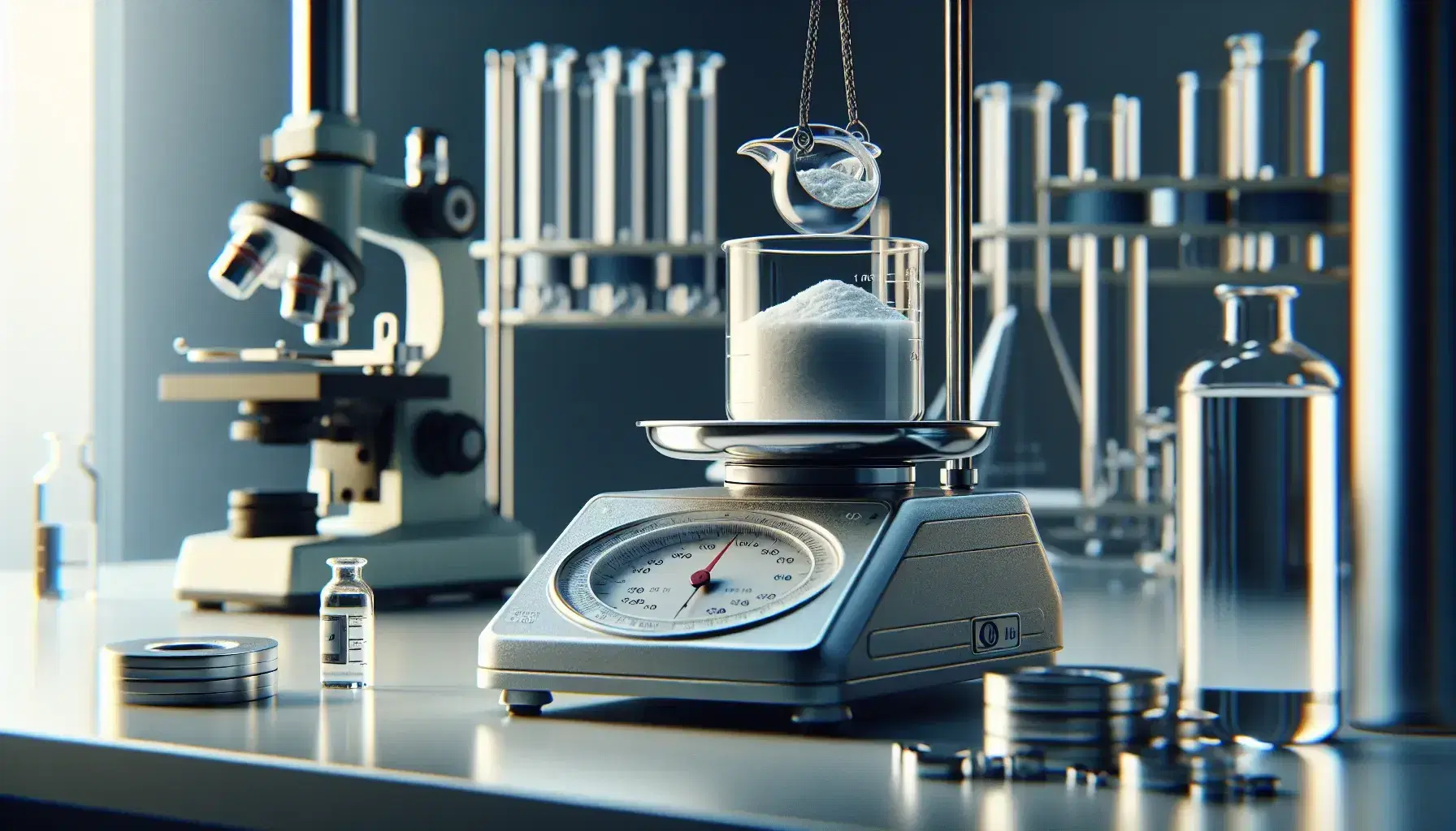 Bilancia analitica di precisione in laboratorio chimico con contenitore trasparente di polvere bianca e pesi calibrati su banco di lavoro pulito.