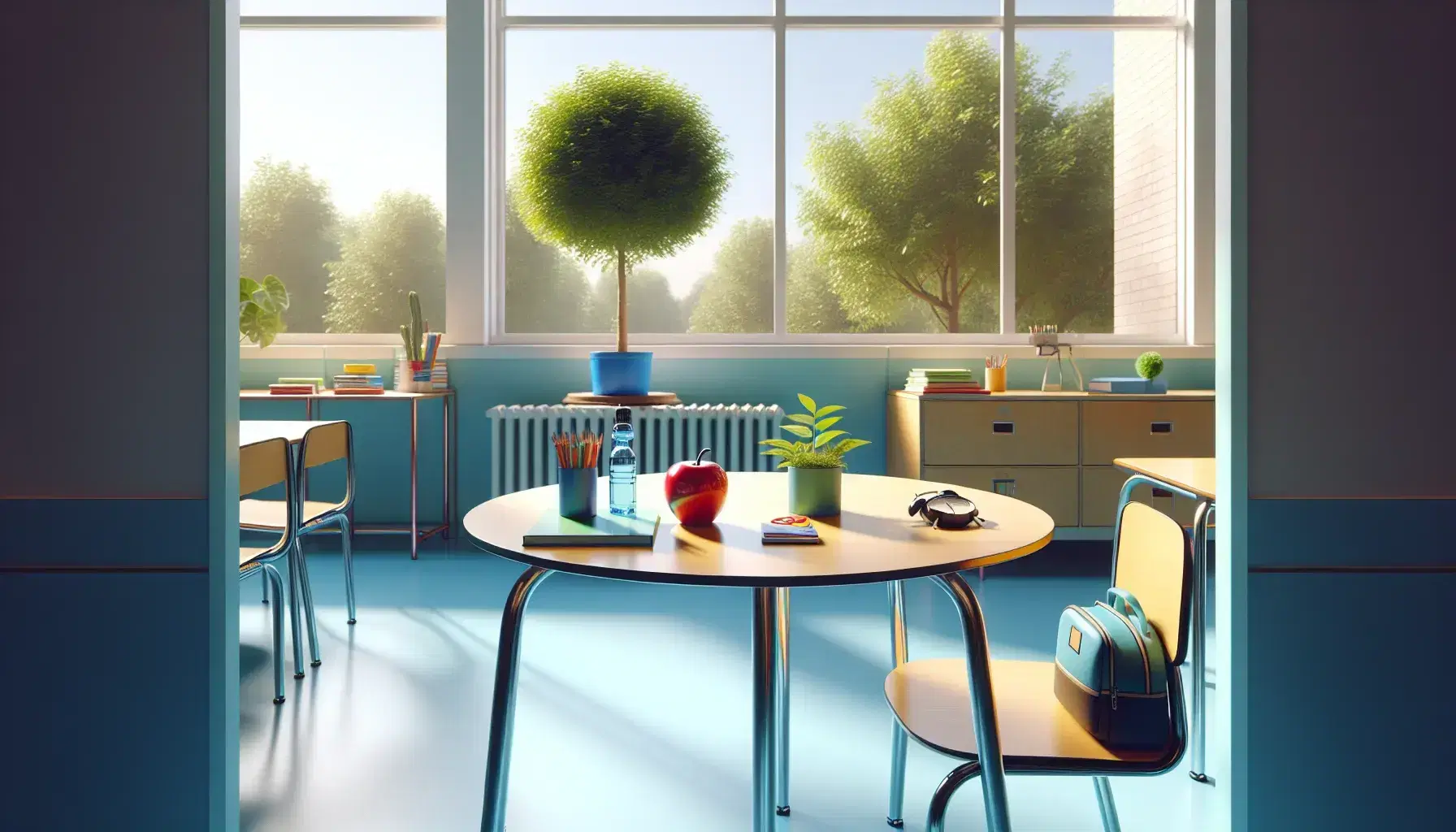 Bright classroom with a round wooden table displaying an apple, plant, and water bottle, a chair, window with a tree view, yellow backpack, and a bookshelf.