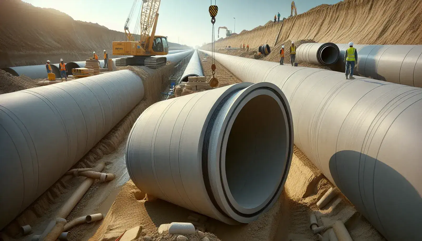 Instalación de tuberías de concreto en zanja de obra con obreros y grúa amarilla en día soleado, reflejando trabajo en infraestructura subterránea.