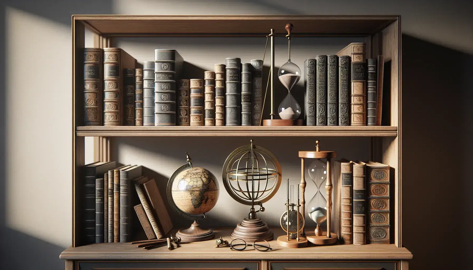 Estantería de madera con libros de tapa dura, esfera armilar, globo terráqueo, reloj de arena, microscopio antiguo y lentes de aumento en un ambiente de estudio.
