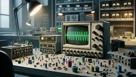 Laboratorio scientifico con oscilloscopio analogico che mostra una curva sinusoidale, componenti elettronici sparsi e strumenti di misura sullo sfondo.