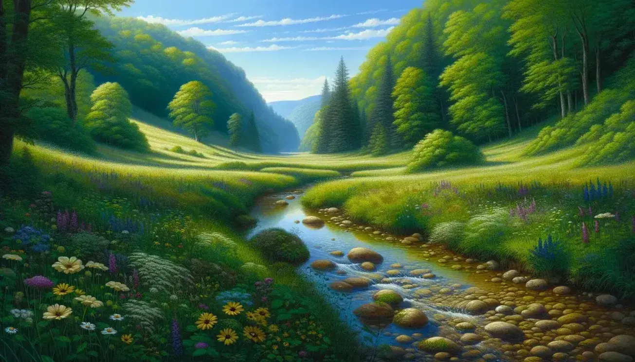 Serene natural landscape with a lush meadow, wildflowers, a clear stream, dense forest, and a monarch butterfly in flight under a blue sky.