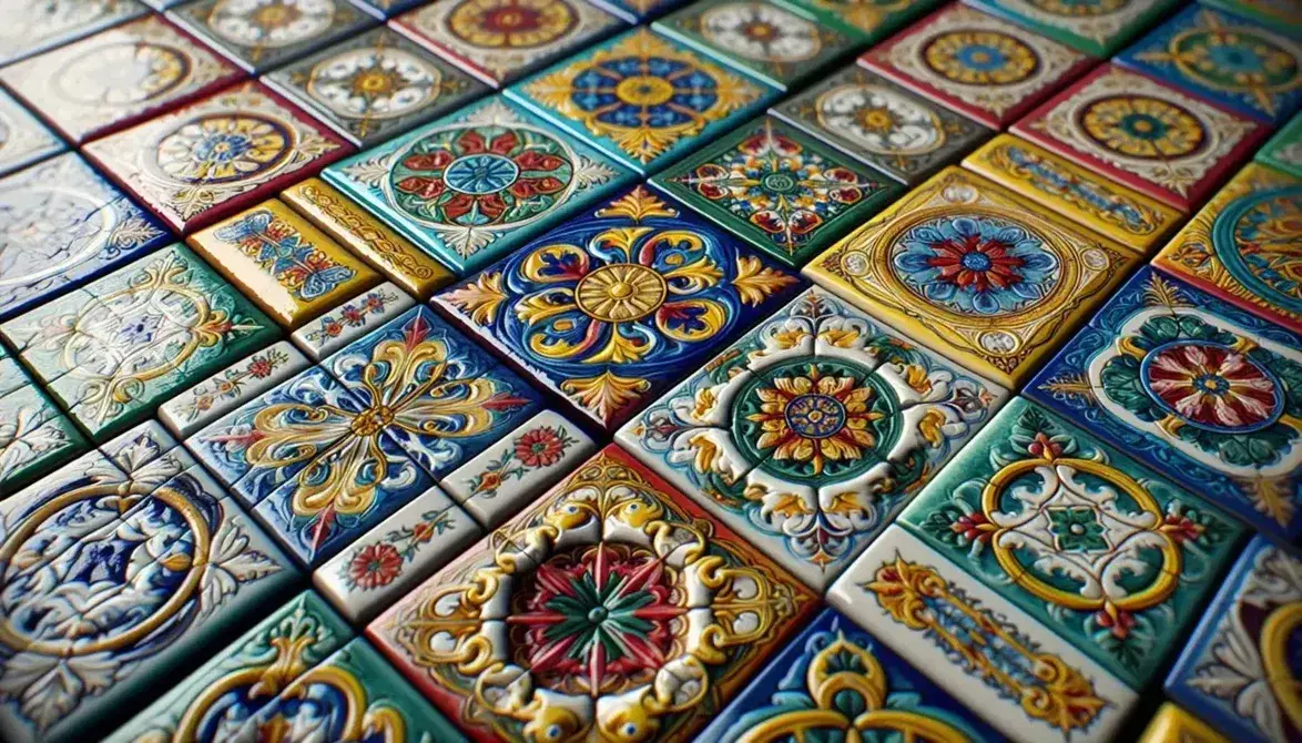 Vibrant Spanish azulejos with detailed geometric patterns in blue, yellow, red, and green, showcasing a glossy, seamless mosaic of ceramic tiles.