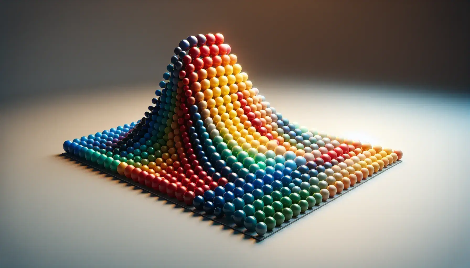 Esferas de colores formando una curva de distribución normal sobre superficie lisa con fondo neutro, reflejando luz y sombras suaves.