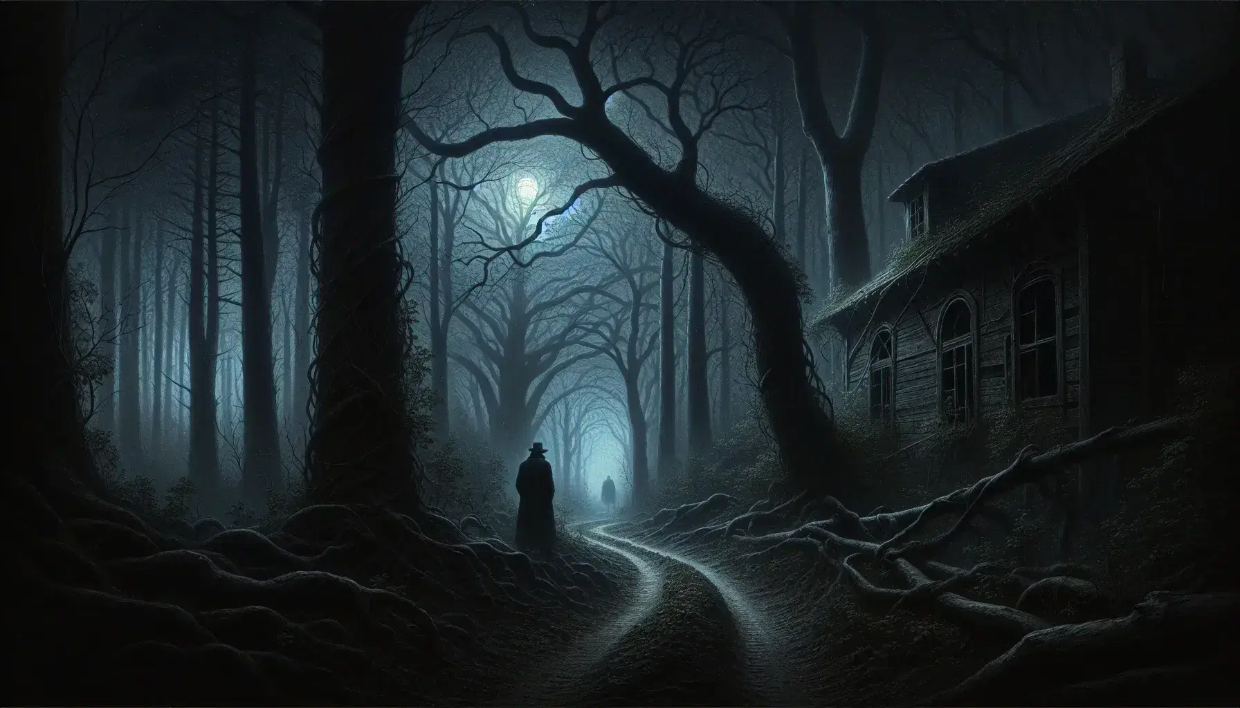 Scena notturna in foresta nebbiosa con sentiero, figura umana in cappotto e cappello, e casa abbandonata tra alberi intrecciati sotto cielo blu scuro.